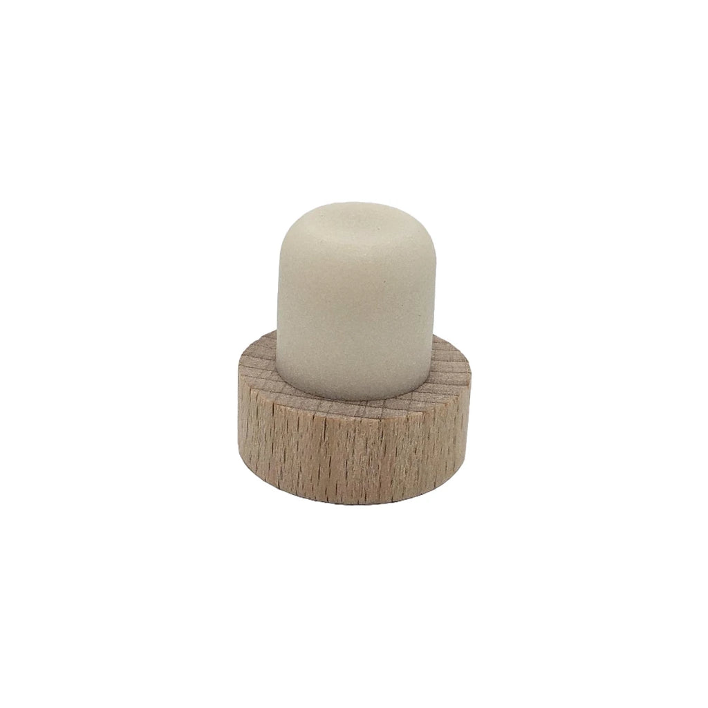 Beechwood wine stopper at an angle showing top and plug