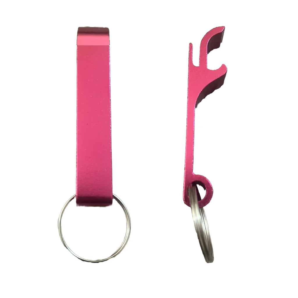 Magenta metal bottle opener keychain on a split ring