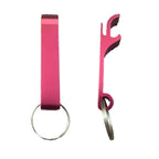 Magenta metal bottle opener keychain on a split ring