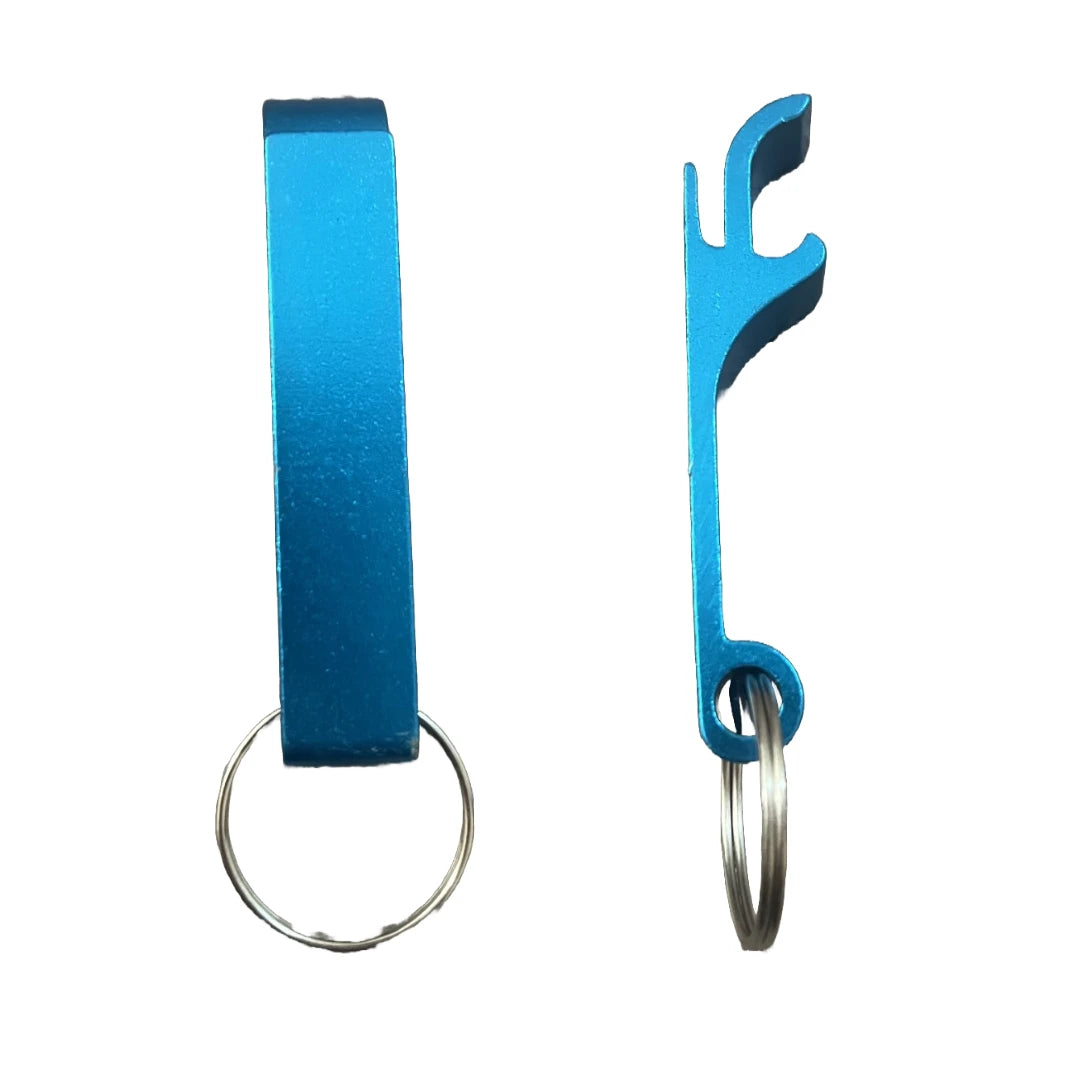 Sky Blue metal bottle opener keychain on a split ring