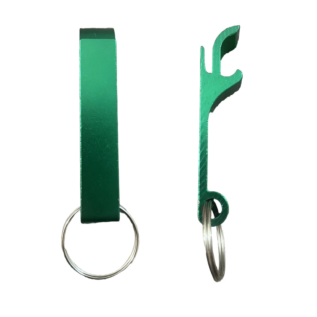 Green metal bottle opener keychain on a split ring