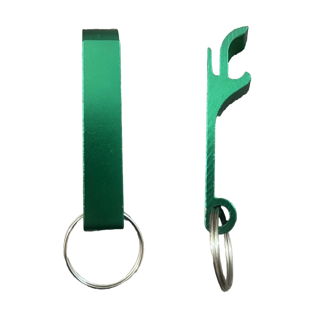 Green metal bottle opener keychain on a split ring