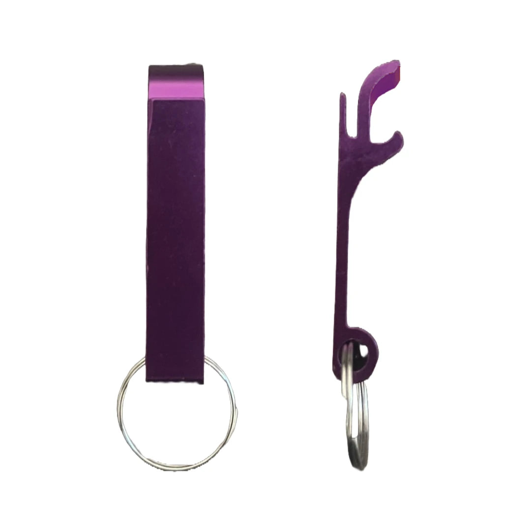 Purple metal bottle opener keychain on a split ring