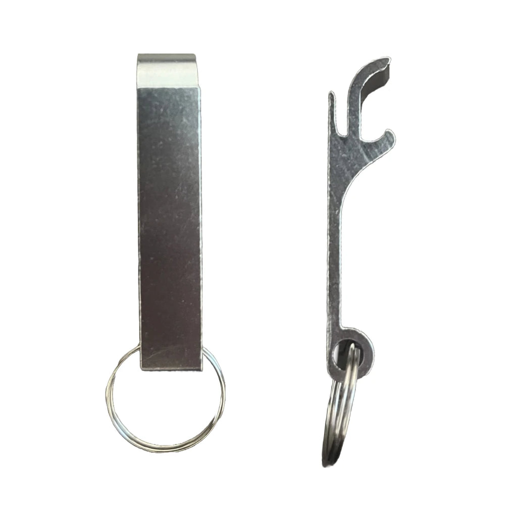 Silver metal bottle opener keychain on a split ring