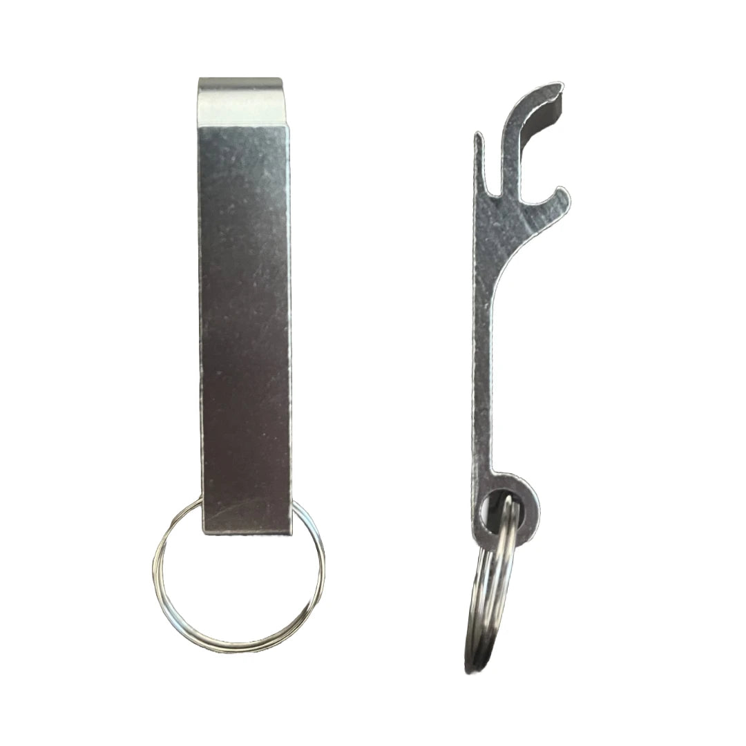 Silver metal bottle opener keychain on a split ring