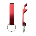 Red metal bottle opener keychain on a split ring