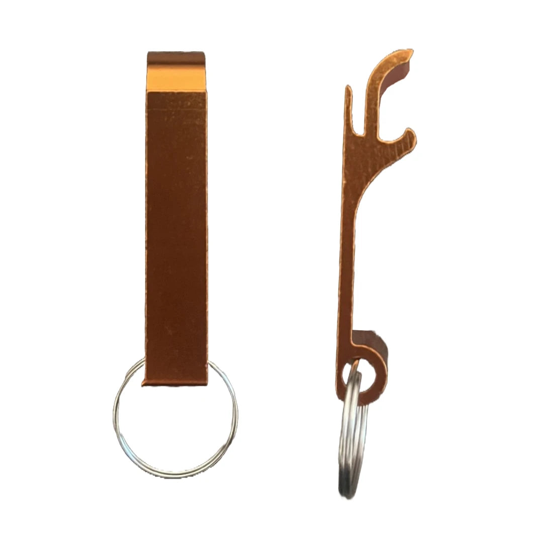Orange metal bottle opener keychain on a split ring