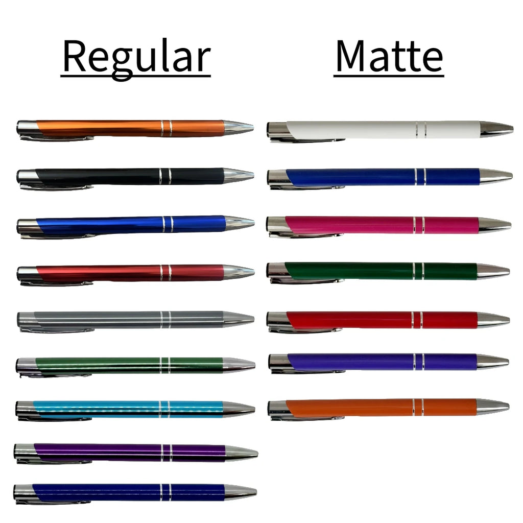 Metal pen color chart showing the regular and matte ranges side by side