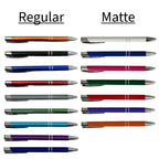 Metal pen color chart showing the regular and matte ranges side by side