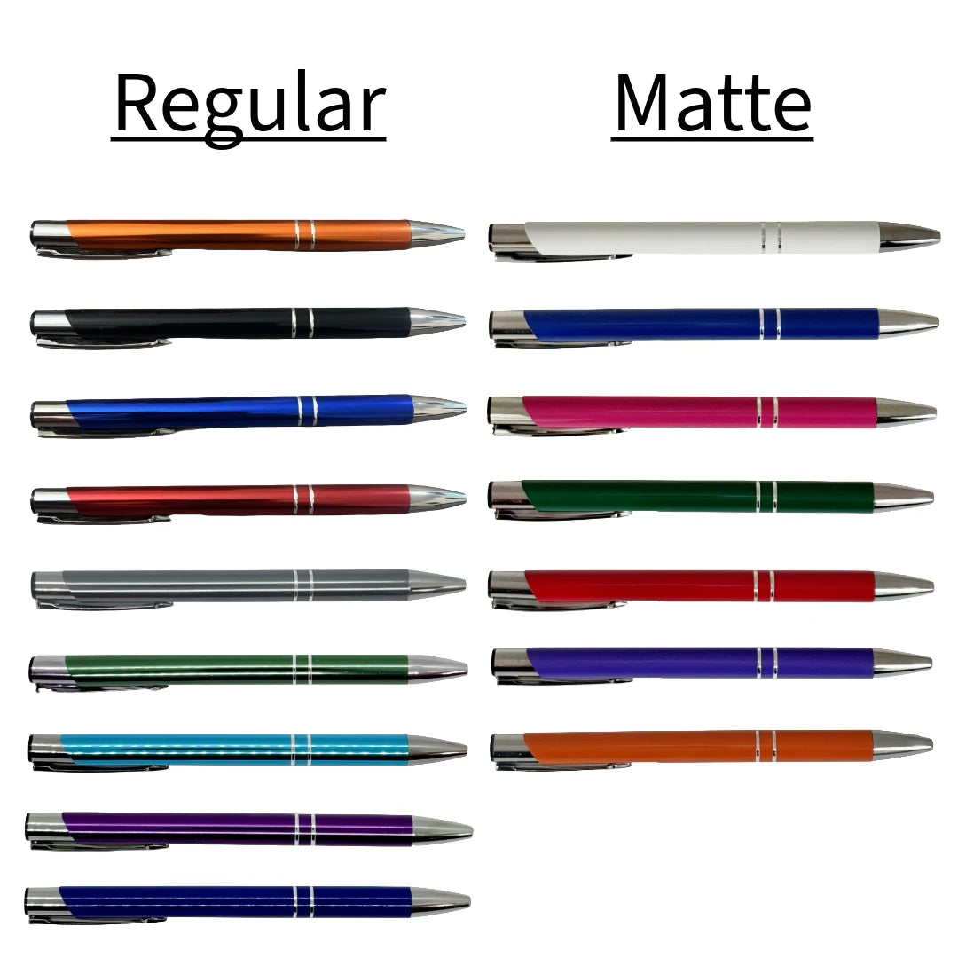Metal pen color chart showing the regular and matte ranges side by side