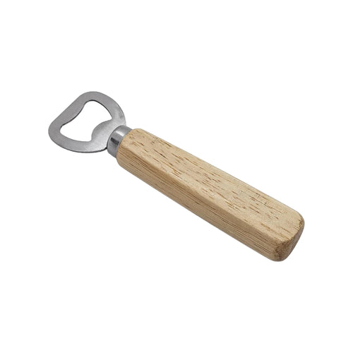 Wooden handle bottle opener with a stainless steel head, shown at an angle