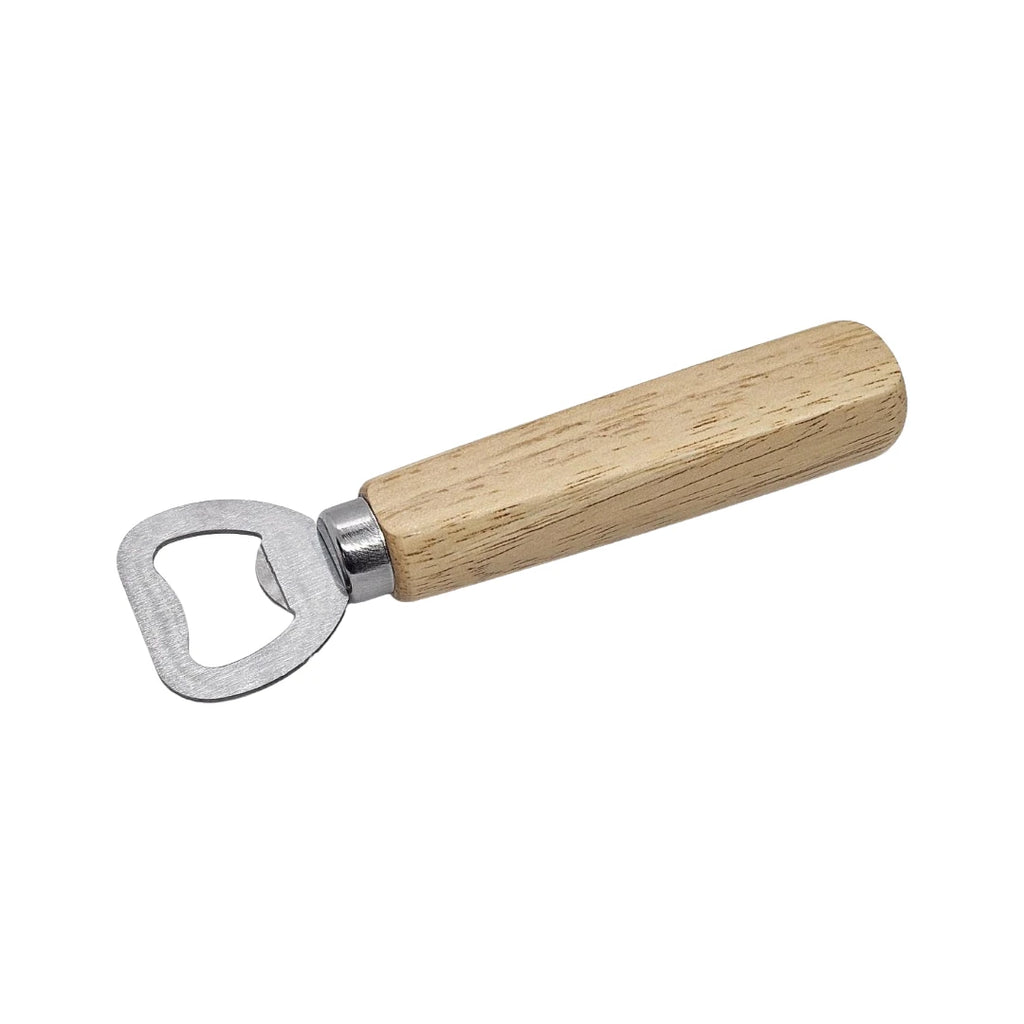 Close view of the stainless steel head of the wooden handle bottle opener