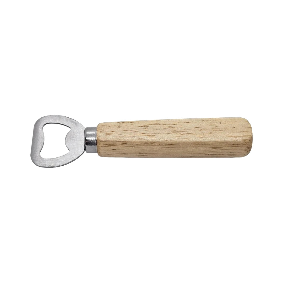 Wooden handle bottle opener laid flat showing the full handle