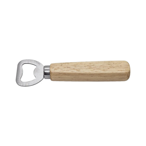 Wooden handle bottle opener laid flat showing the full handle