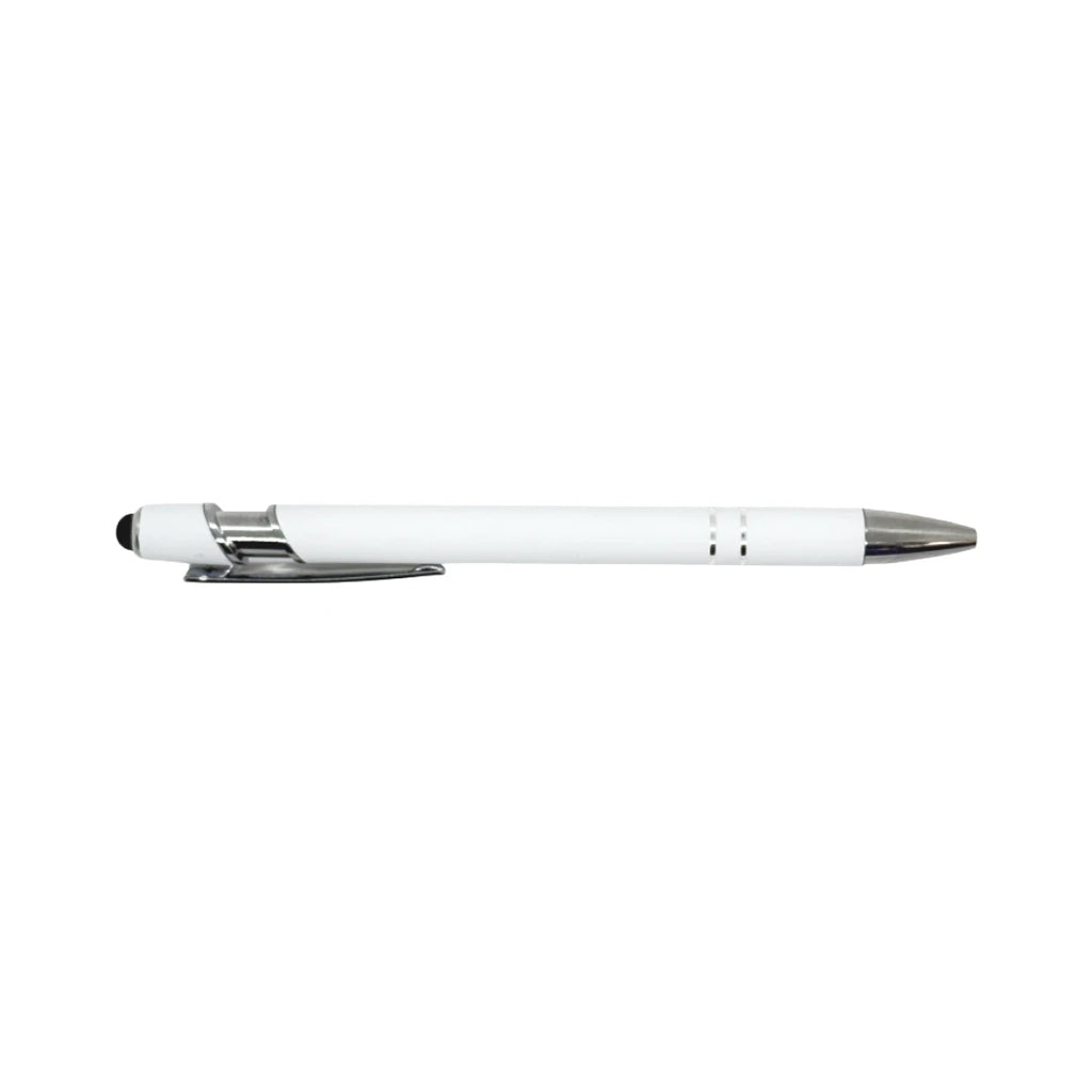 White soft touch stylus pen with chrome accents and stylus tip