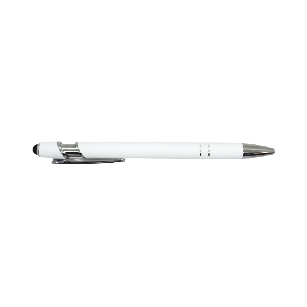 White soft touch stylus pen with chrome accents and stylus tip