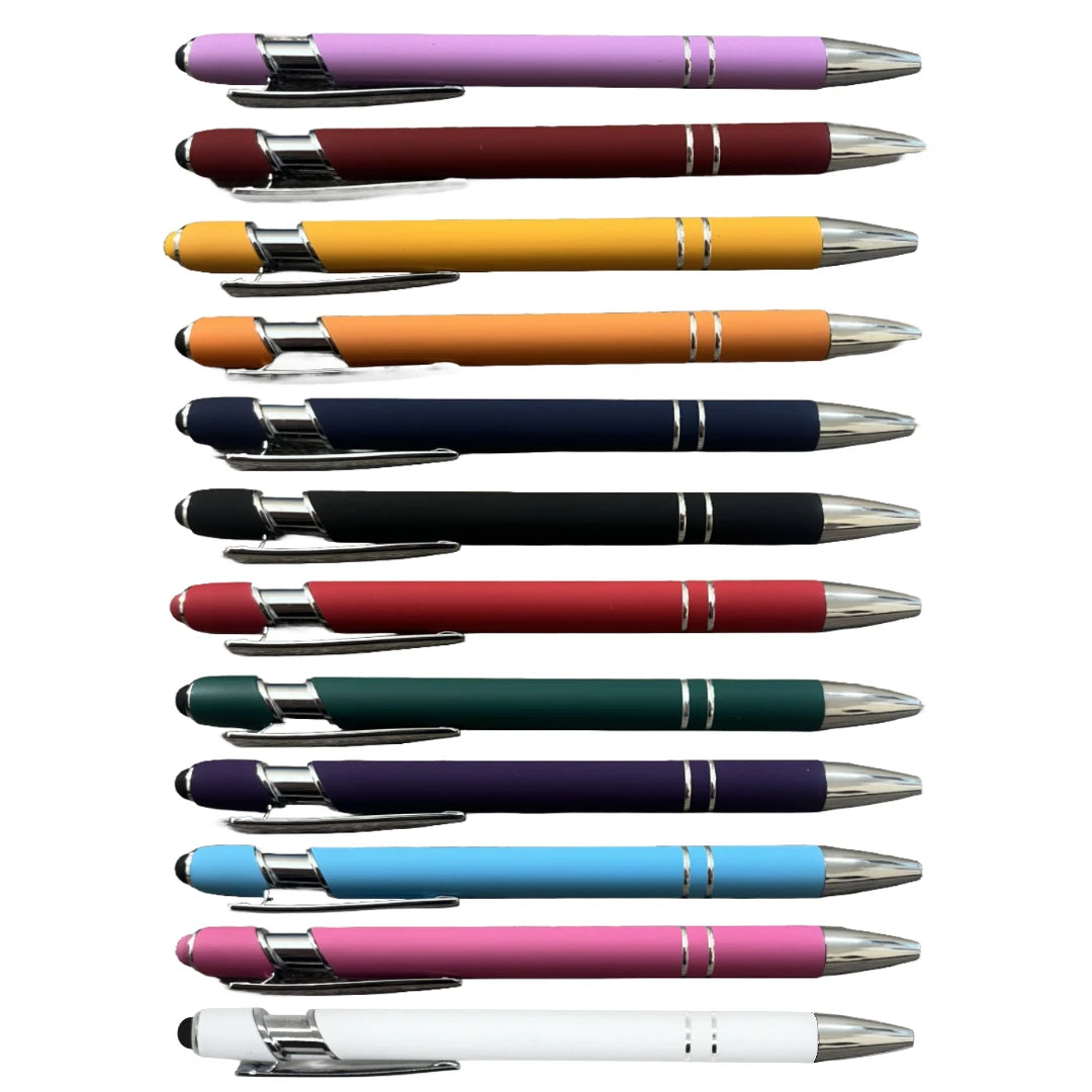 All twelve soft touch stylus pen colors fanned out