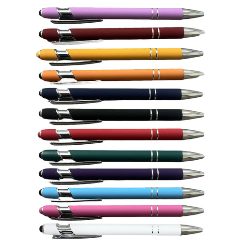 All twelve soft touch stylus pen colors fanned out