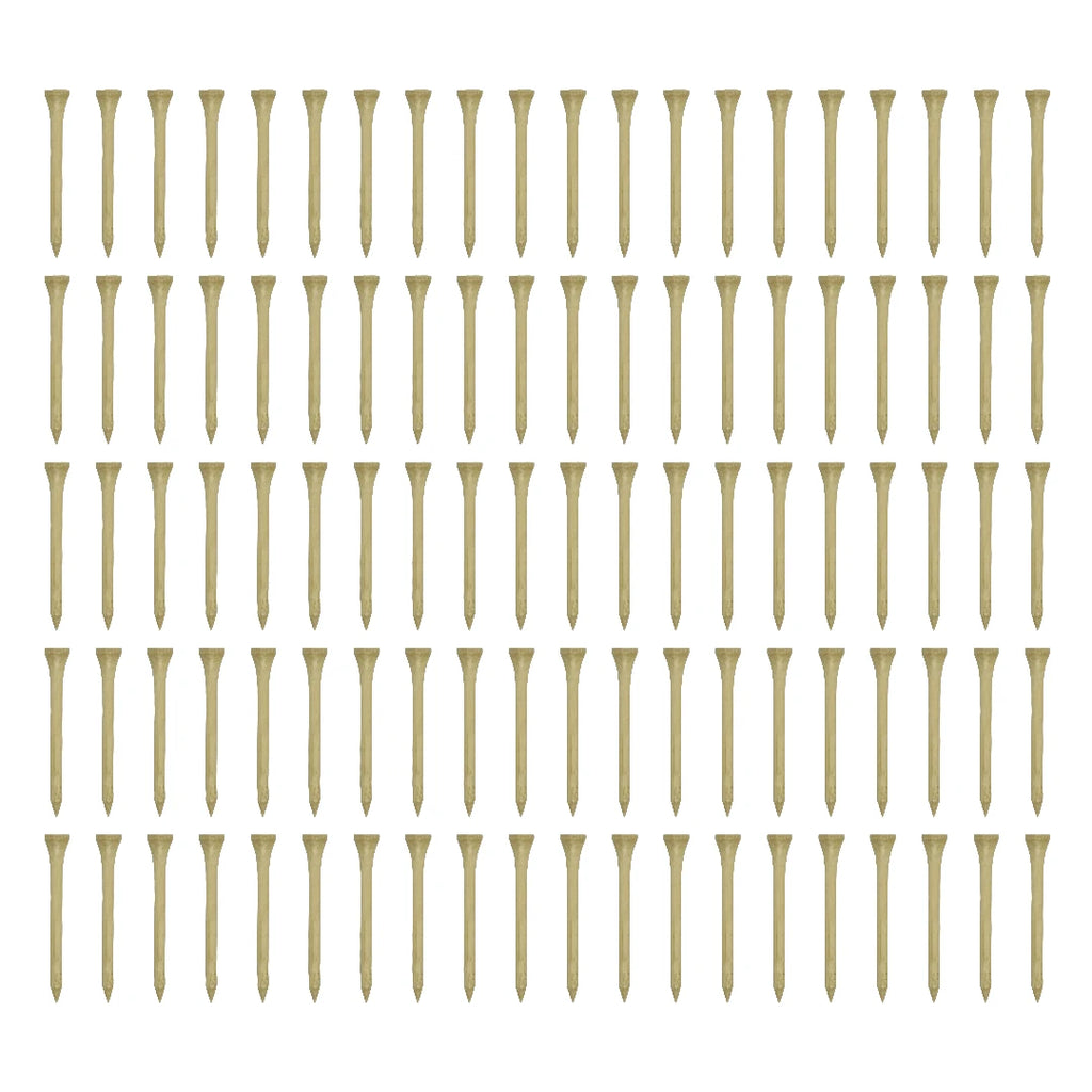 Wooden golf tees laid out in tight rows showing the full length