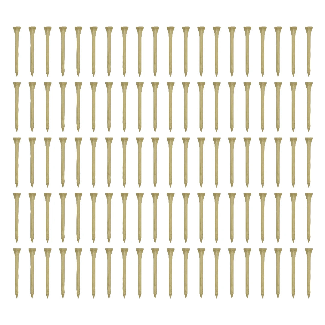Wooden golf tees laid out in tight rows showing the full length