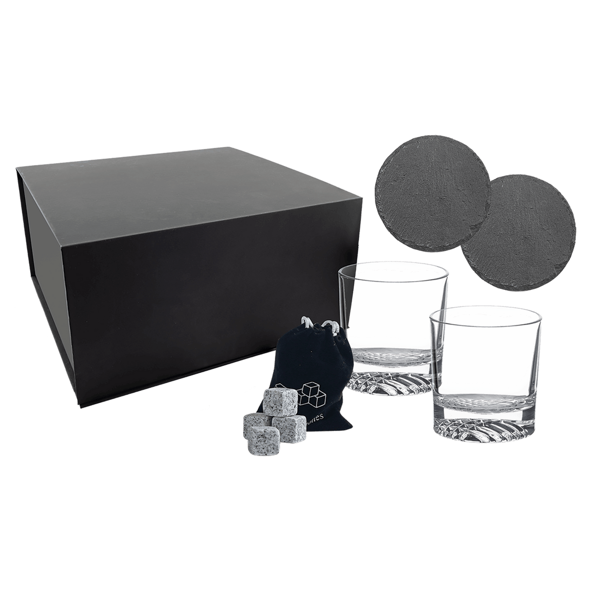 Whiskey gift set with two rocks glasses, two slate coasters, granite whiskey stones and a velvet bag beside its black gift box