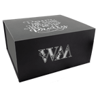 Black whiskey set gift box engraved in silver with a monogram on the front and a script phrase on the lid