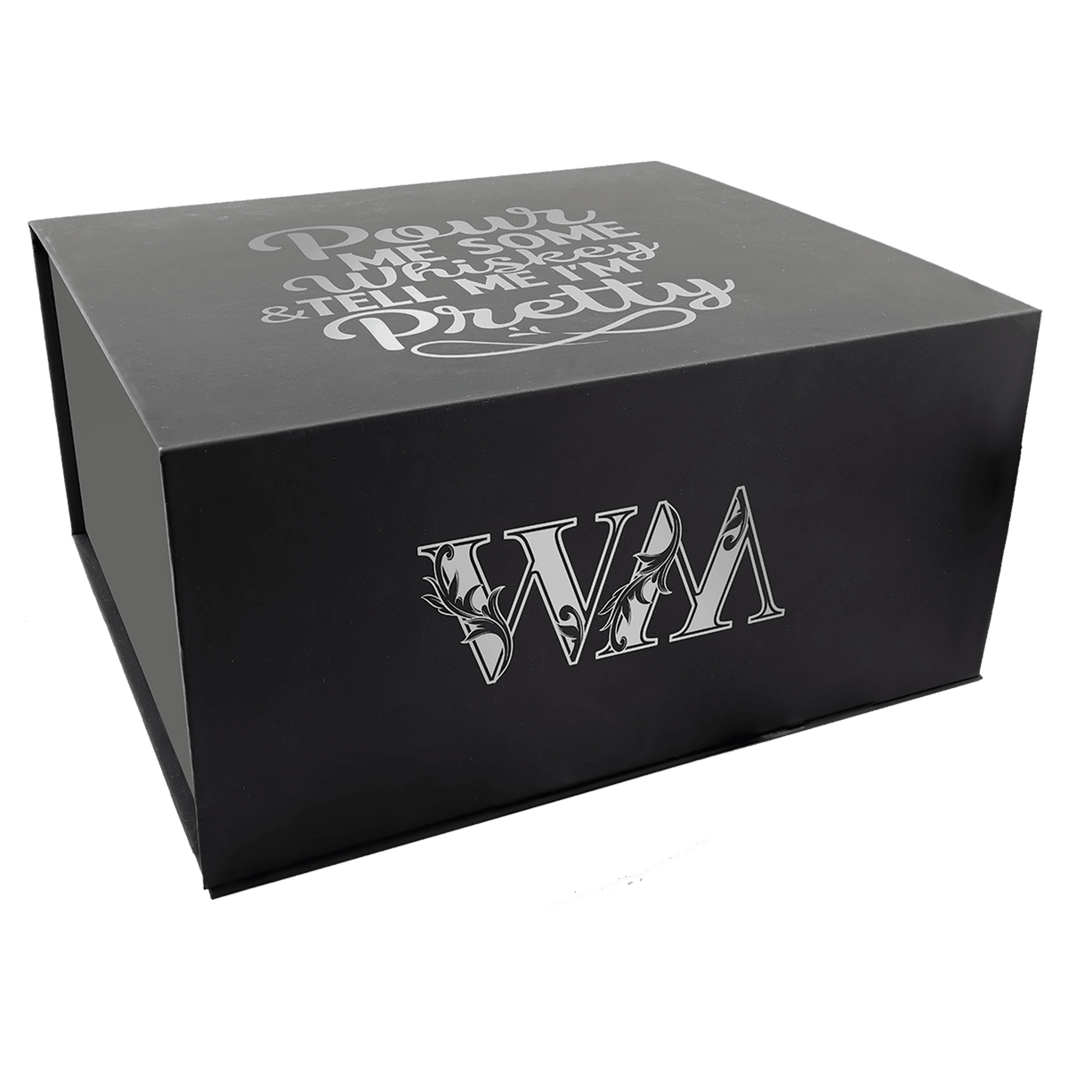 Black whiskey set gift box engraved in silver with a monogram on the front and a script phrase on the lid