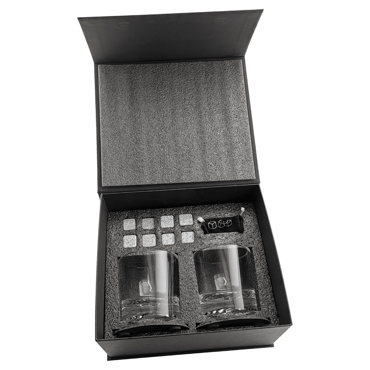 Black gift box open to show two rocks glasses and eight whiskey stones set in gray foam