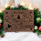 Walnut 14 by 10 inch Santa treat tray engraved with a Dear Santa message, mouse-ear silhouettes and a Christmas tree, staged with garland and ornaments