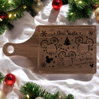 Walnut 14 by 7 inch Santa treat tray with a paddle handle, engraved with a Dear Santa message, mouse-ear silhouettes and a Christmas tree