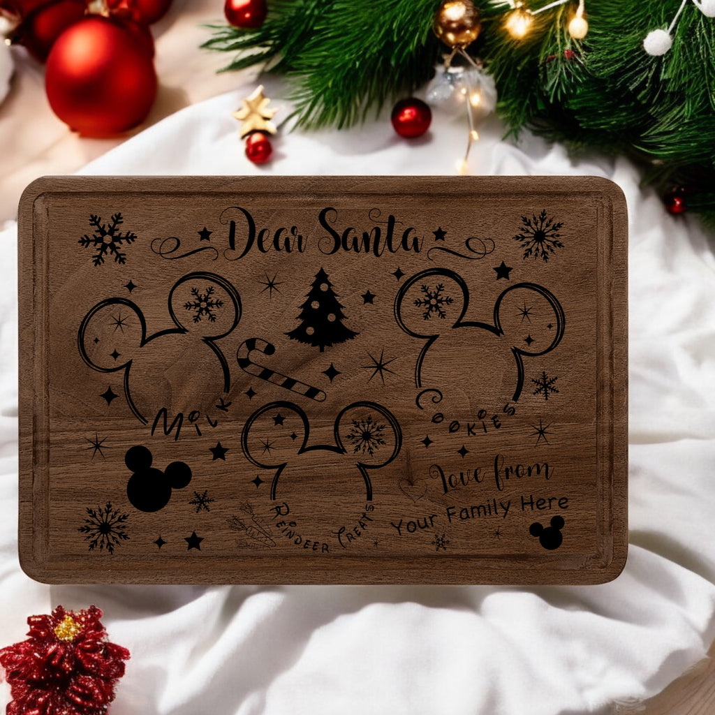 Walnut 9 by 6 inch Santa treat tray engraved with a Dear Santa message, mouse-ear silhouettes and a Christmas tree, staged with garland and ornaments