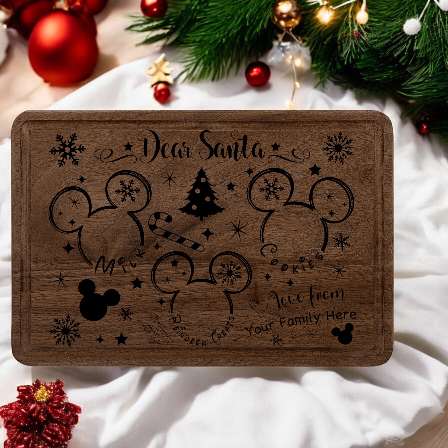 Walnut 9 by 6 inch Santa treat tray engraved with a Dear Santa message, mouse-ear silhouettes and a Christmas tree, staged with garland and ornaments