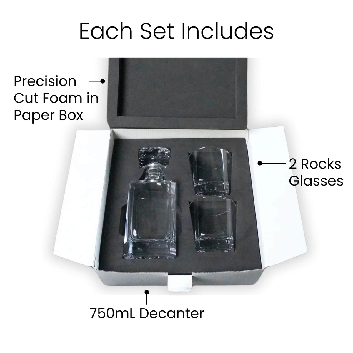 Whiskey decanter set with two 8 oz. rocks glasses in polished glass — custom engraved whiskey decanter set by Solano Laser Craft