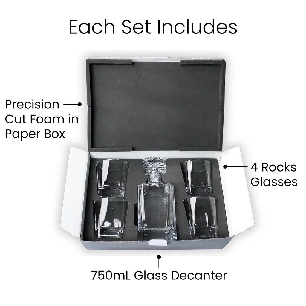 Whiskey decanter set with four 8 oz. rocks glasses in polished glass — custom engraved whiskey decanter set by Solano Laser Craft