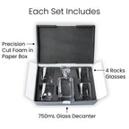 Whiskey decanter set with four 8 oz. rocks glasses in polished glass — custom engraved whiskey decanter set by Solano Laser Craft