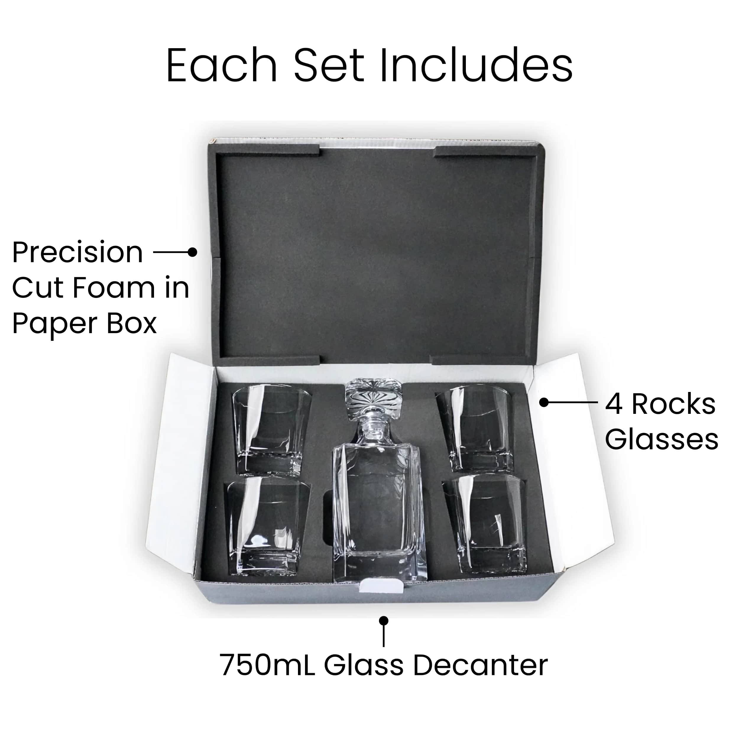 Whiskey decanter set with four 8 oz. rocks glasses in polished glass — custom engraved whiskey decanter set by Solano Laser Craft