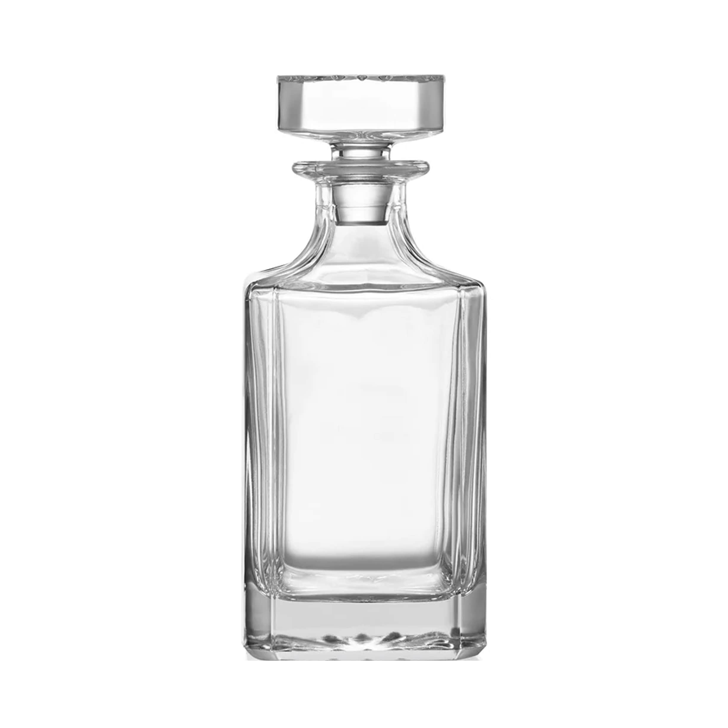 Square 750 mL whiskey decanter with a decorative glass topper and base