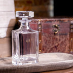 Lead free glass whiskey decanter with solid glass stopper on a wooden tray — custom engraved decanter set by Solano Laser Craft