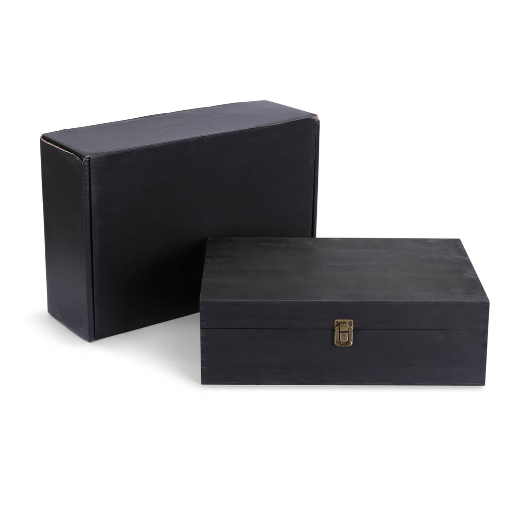 XL ebony black pine memory box with hinged lid and clasp, shown with its gift box