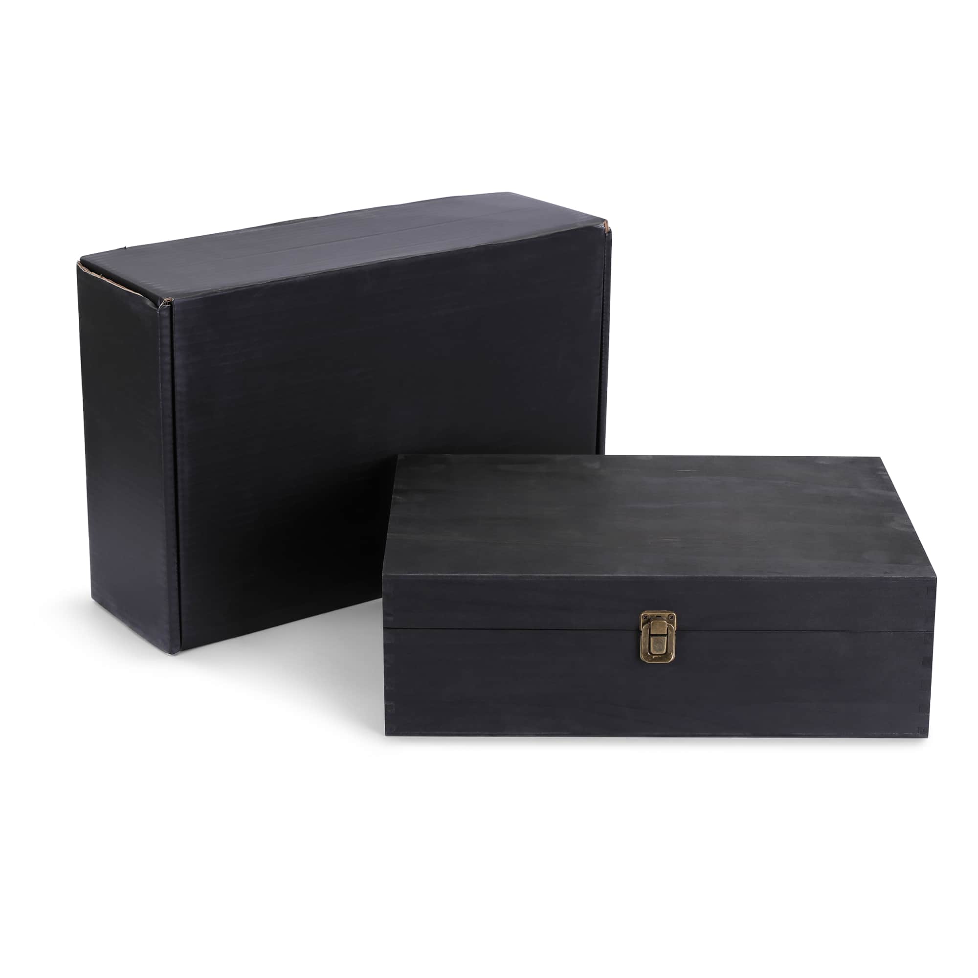 XL ebony black pine memory box with hinged lid and clasp, shown with its gift box