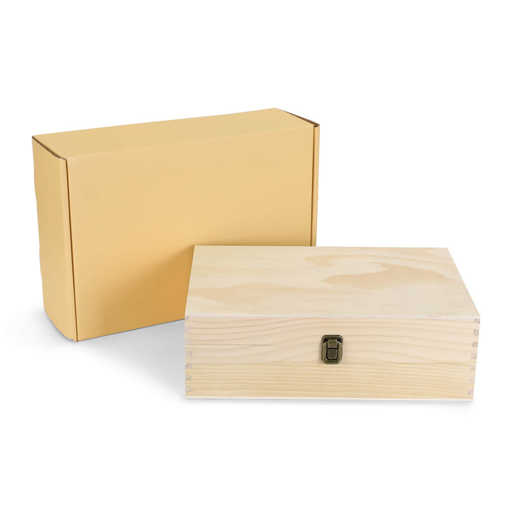 XL natural unfinished pine memory box with hinged lid and clasp, shown with its gift box