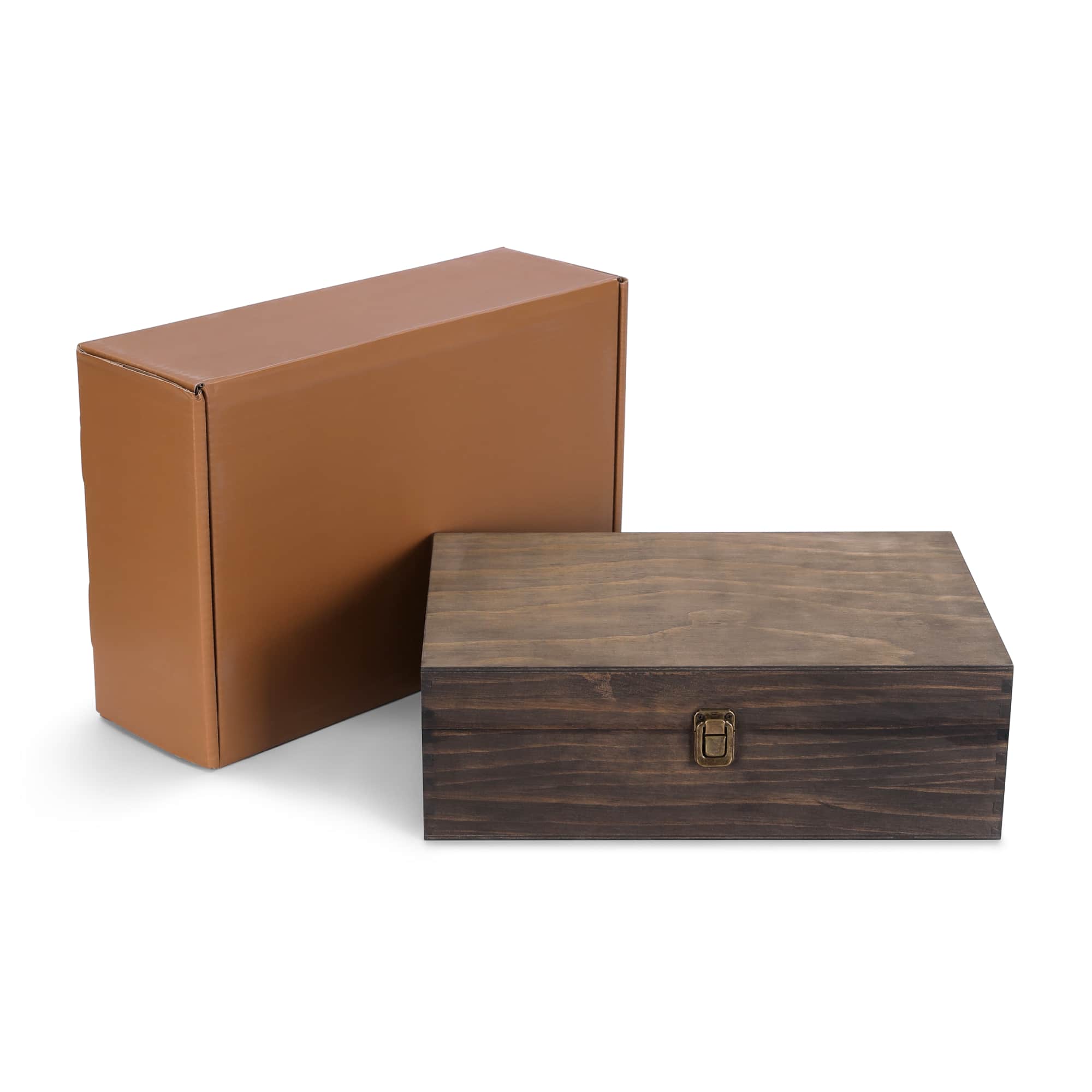 XL dark walnut pine memory box with hinged lid and clasp, shown with its gift box