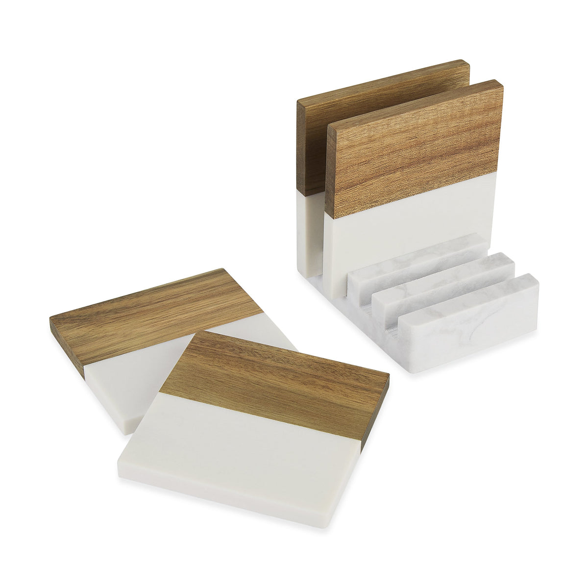 Marble and Wood Coaster Set with display stand