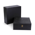 Large ebony black pine memory box with hinged lid and clasp, shown with its gift box