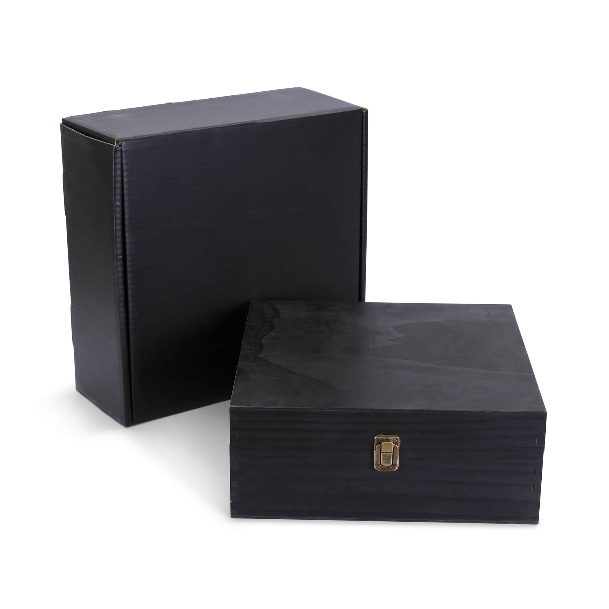 Large ebony black pine memory box with hinged lid and clasp, shown with its gift box