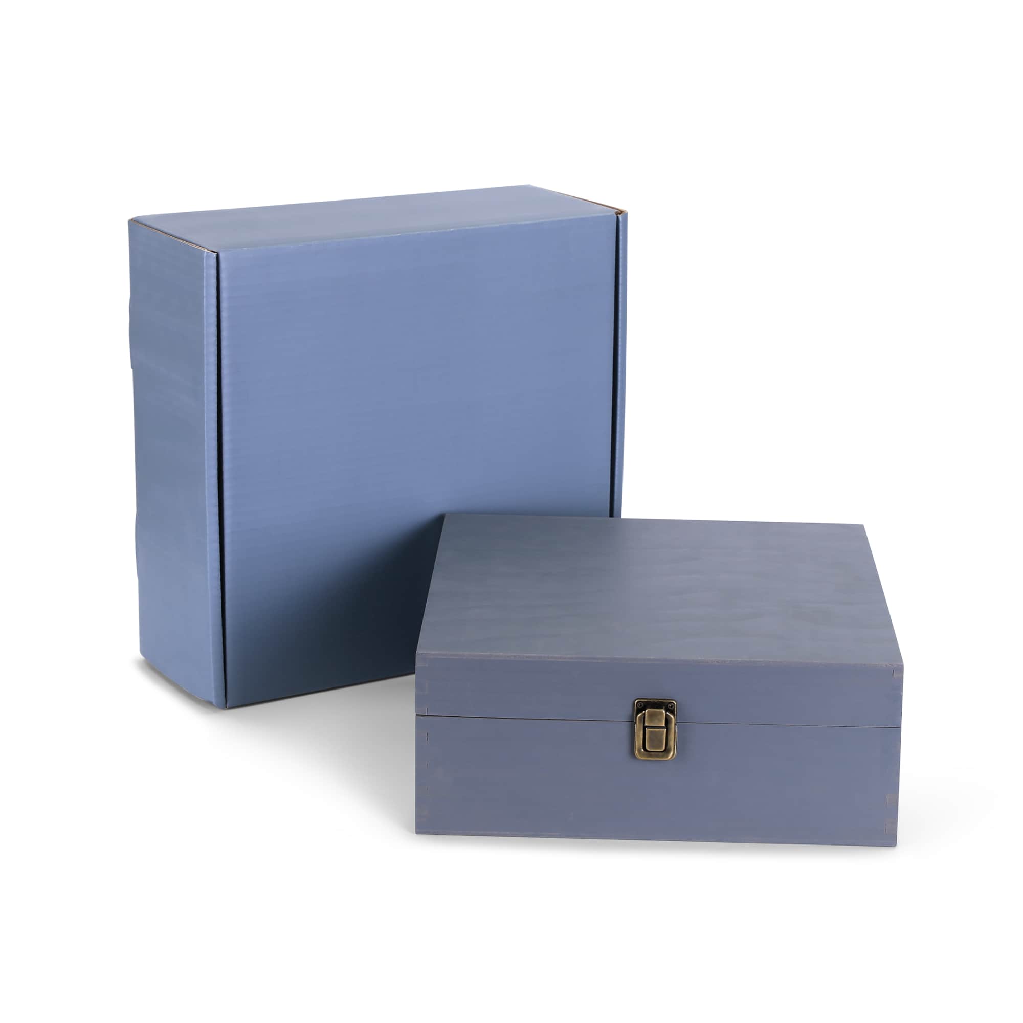Large grey pine memory box with hinged lid and clasp, shown with its gift box