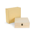 Large natural unfinished pine memory box with hinged lid and clasp, shown with its gift box