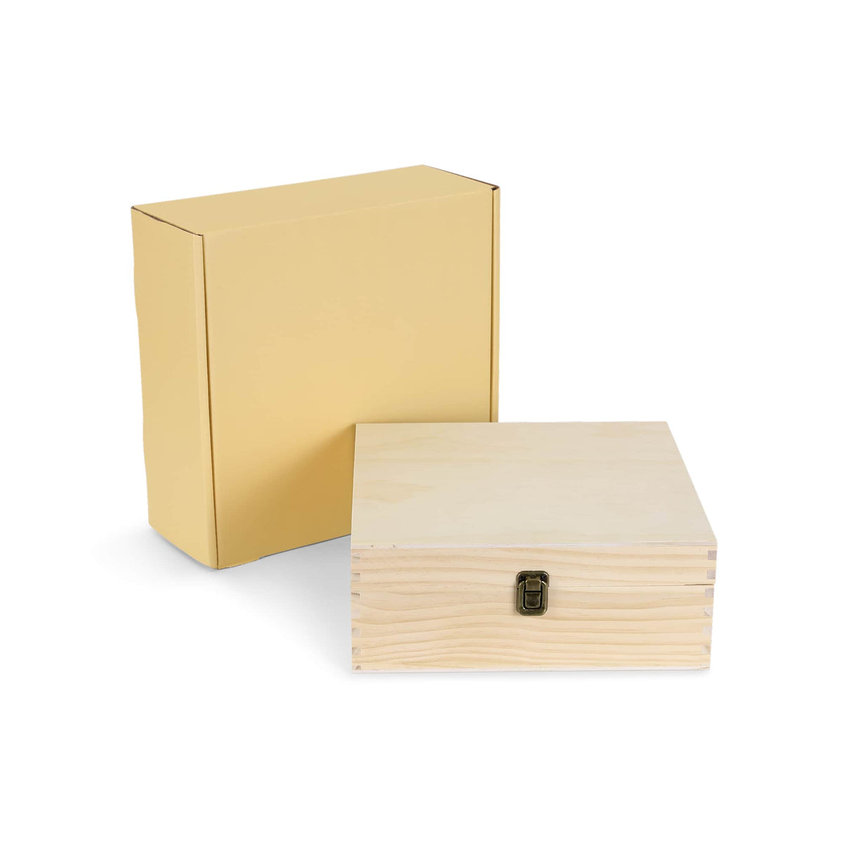 Large natural unfinished pine memory box with hinged lid and clasp, shown with its gift box