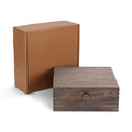 Large dark walnut pine memory box with hinged lid and clasp, shown with its gift box