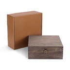 Large dark walnut pine memory box with hinged lid and clasp, shown with its gift box